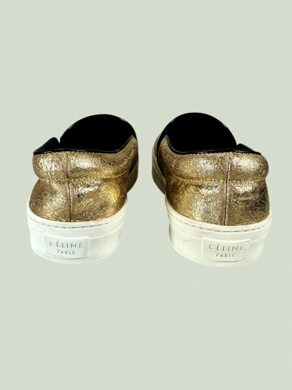 Celine Women’s Phoebe Philo Gold Metallic Crackle Leather Slip-On Sneakers - Picture 5 of 10